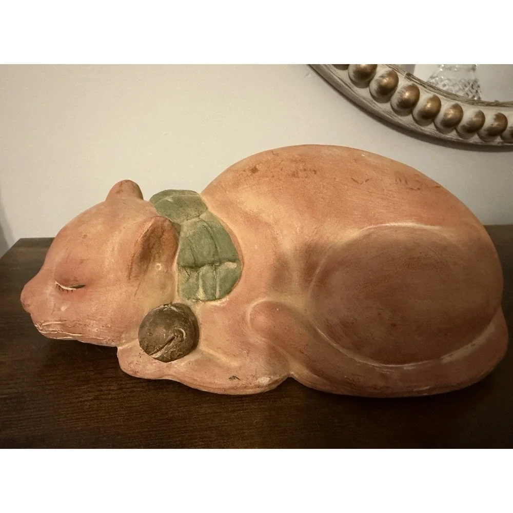Vintage Hong Kong Terra Cotta Sleeping Cat Figurine Bell Collar 9
